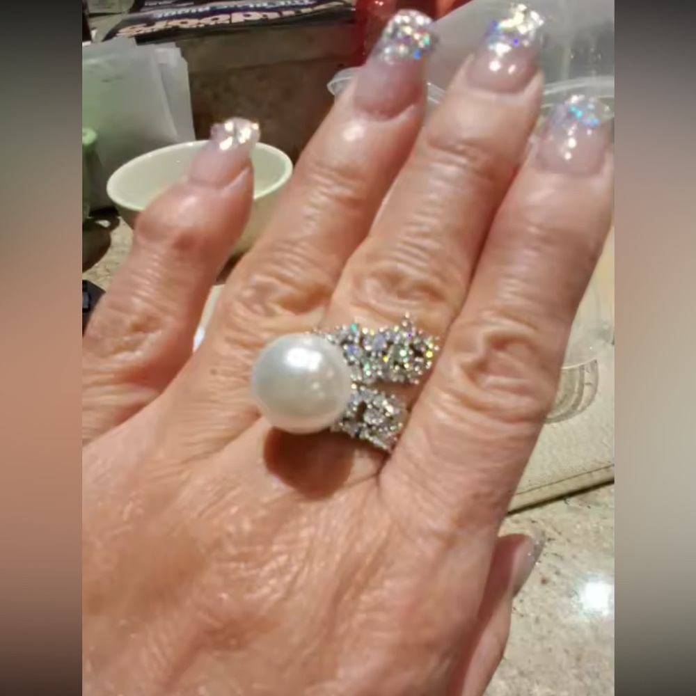 Luxe Pearl Diamond Wrap Ring | Statement Leaf Design | Adjustable - Picture 8 of 10